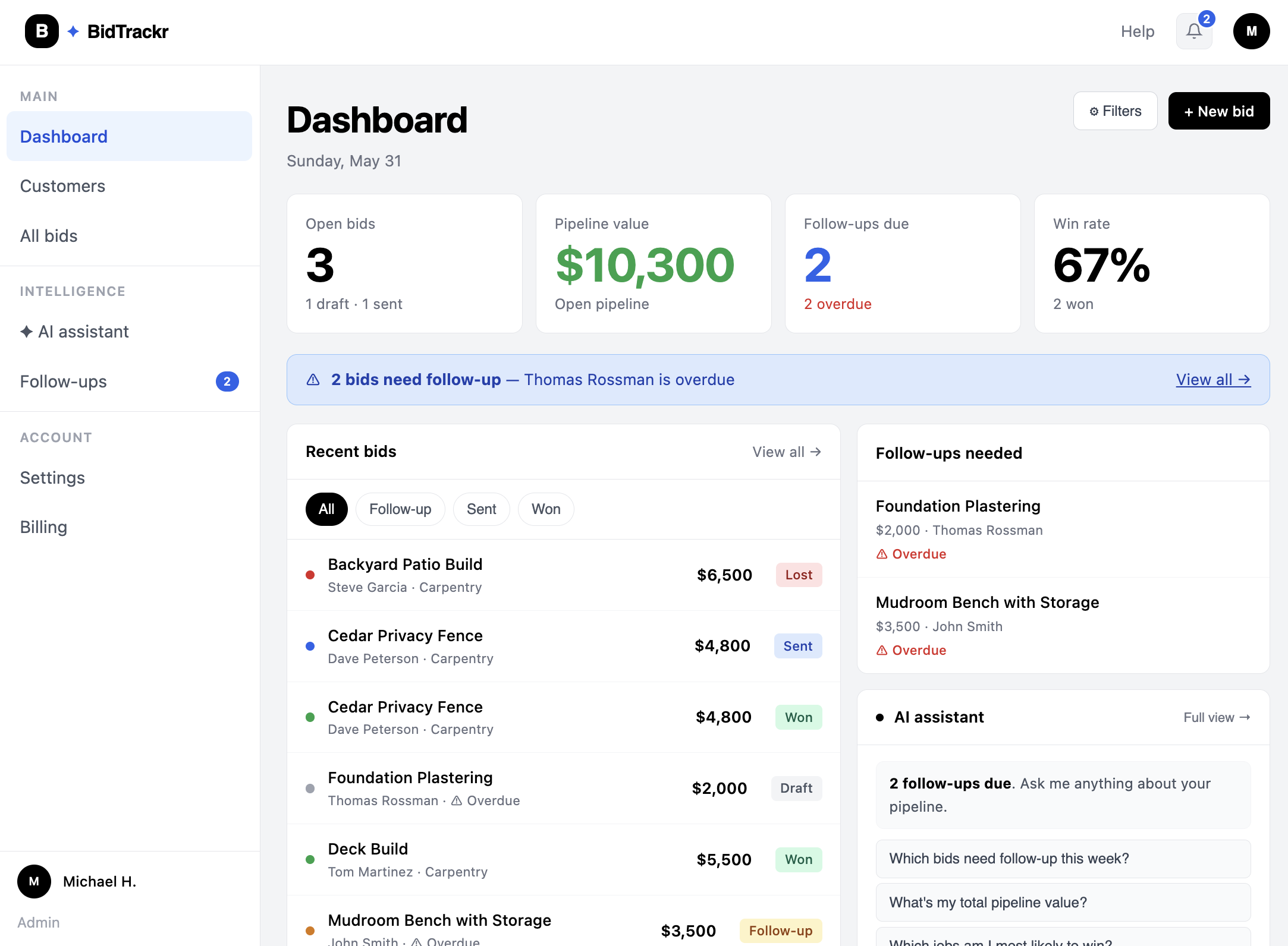 BidTrackr dashboard — bid tracking and follow-up management
